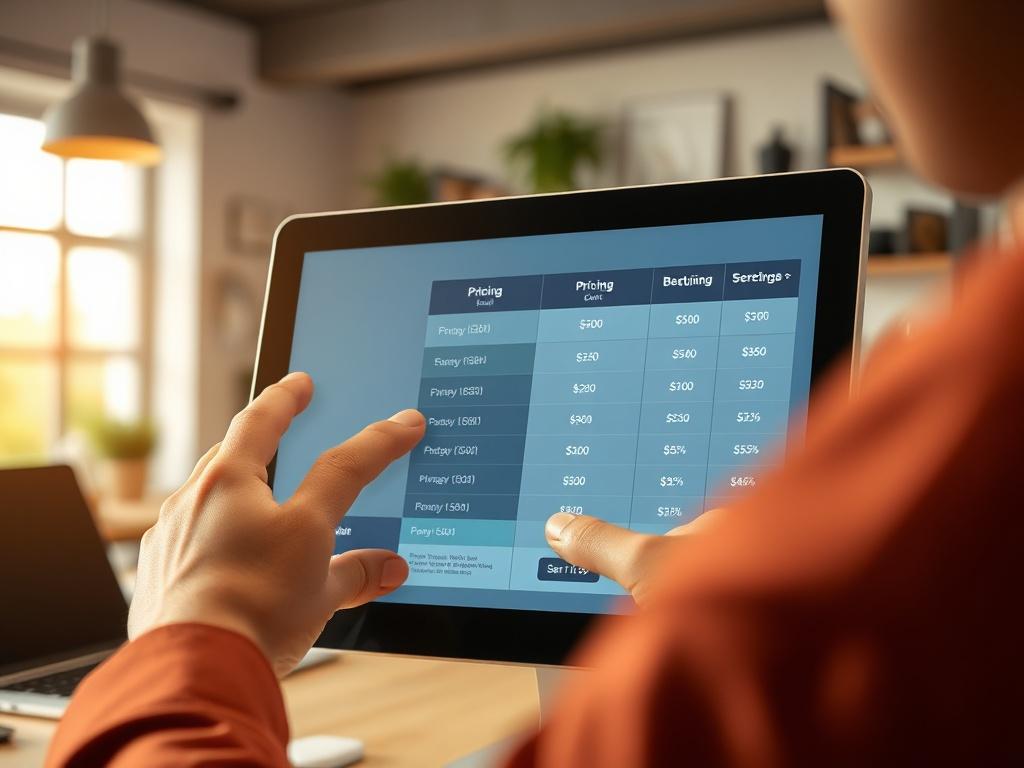 A close-up shot of a pricing chart on a digital device, with a person pointing at the various pricing tiers. The background should be a bright and inviting workspace, showcasing clarity and ease of understanding.