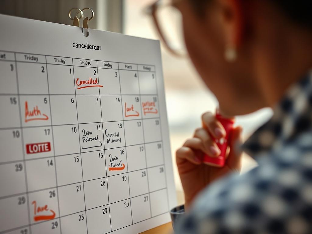 A close-up shot of a calendar with cancellation dates marked and a person contemplating. The background should reflect a serene environment, suggesting ease and flexibility.