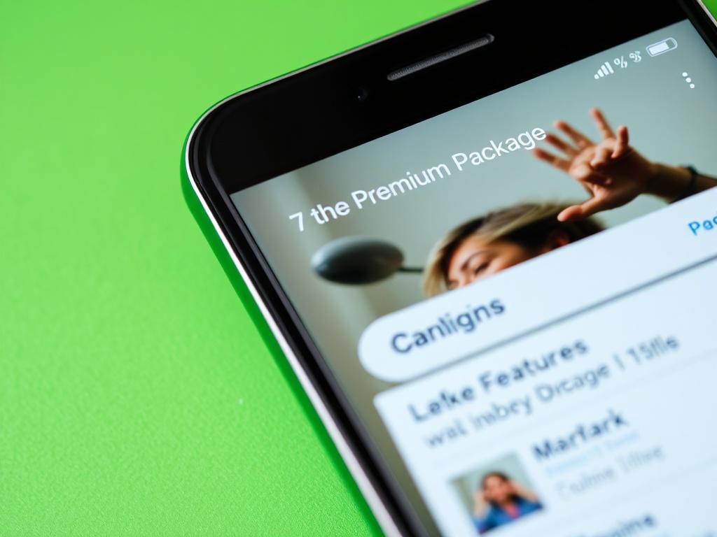 A close-up shot of a smartphone displaying the Premium Package features in an app interface, set on a vibrant green background. The image should capture the essence of modern technology and user engagement, focusing on the smartphone screen and its graphics.