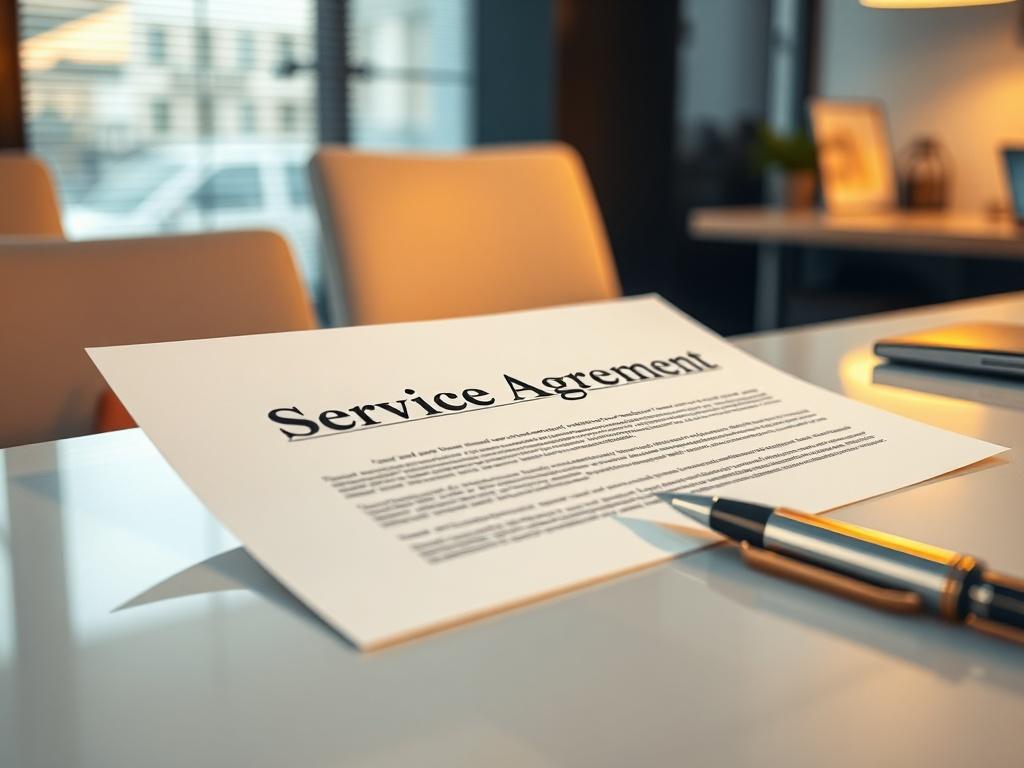 A close-up shot of a legal document titled 'Service Agreement' on a clean, modern desk, with a pen beside it. The background is softly blurred to emphasize the document, and the lighting is warm and inviting, creating a professional atmosphere.