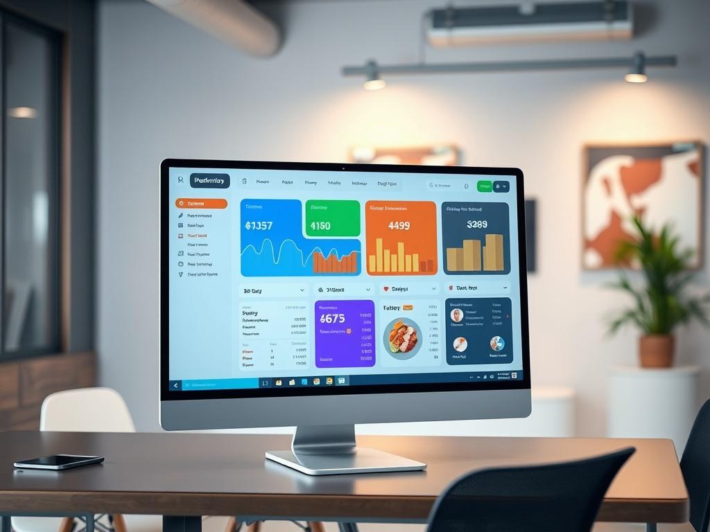 A close-up shot of a sleek computer screen displaying a vibrant and user-friendly dashboard interface for business management, featuring order management, live tracking, and menu uploads. The background is a modern office setup, showcasing a professional atmosphere.