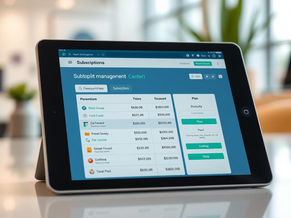 A close-up photo of a tablet showcasing a subscription management interface, displaying plan options and discount details. The background should be a clean, modern workspace, highlighting a focus on digital solutions.