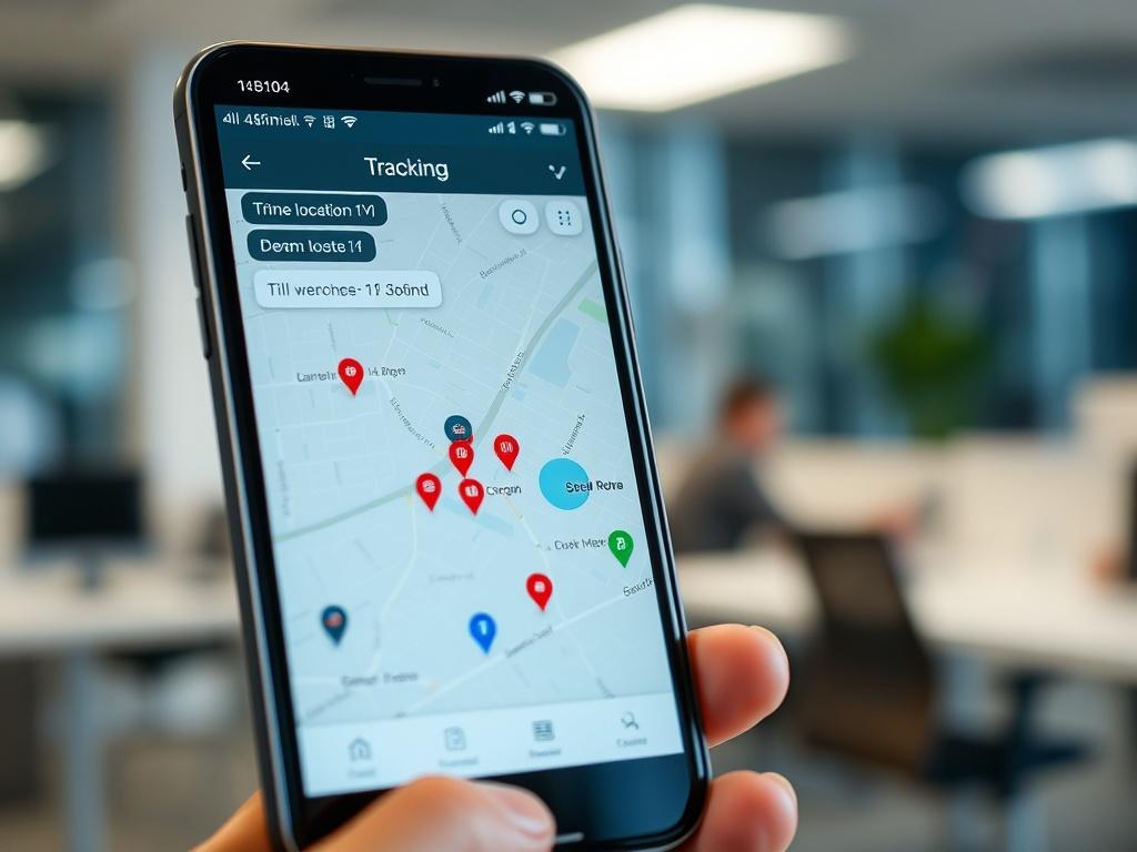A close-up image of a smartphone displaying a live tracking application for service management, showing a map with driver locations and status updates. The background features a blurred office environment, emphasizing a tech-savvy atmosphere.