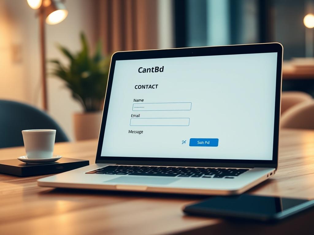 A close-up shot of a modern contact form displayed on a sleek laptop, featuring fields for name, email, and message. The laptop is placed on a stylish wooden desk with a soft, ambient light illuminating the scene. The background is blurred to create a focus on the contact form, conveying a sense of professionalism and accessibility.