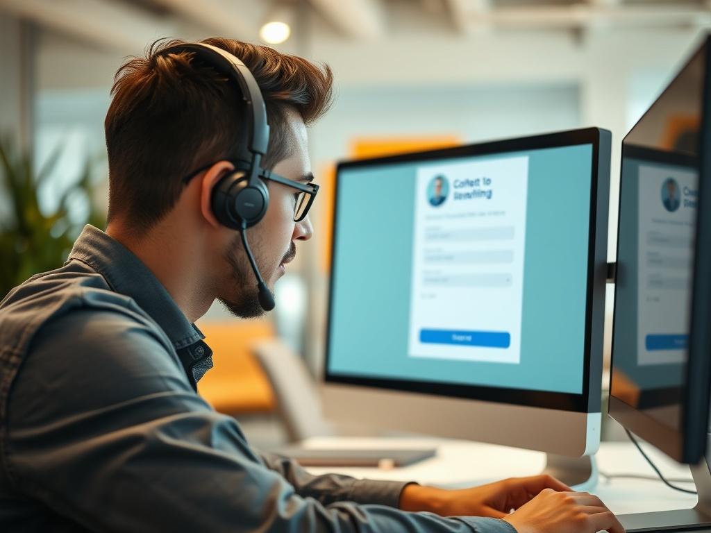 A close-up of a customer service representative engaged in a conversation with a client, using a headset and viewing the contact form on a computer screen. The setting is a modern office with a bright, welcoming atmosphere, showcasing a commitment to excellent customer service and quick response times.