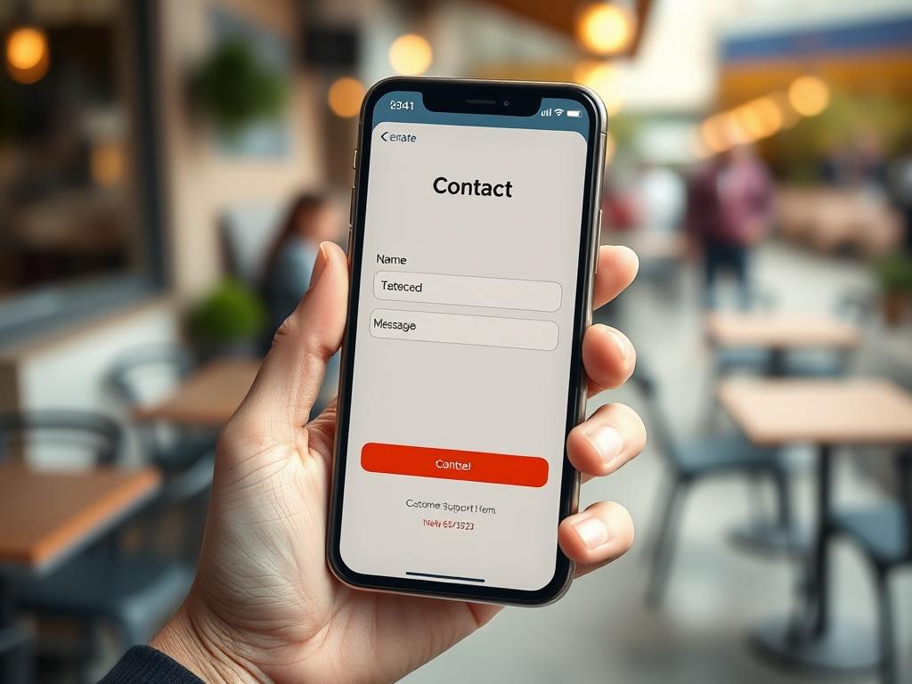 A close-up of a beautifully designed digital contact form on a smartphone screen, showcasing fields for name, email, and message. The smartphone is held in a person's hand, with a blurred café background, emphasizing the on-the-go accessibility of customer support. The design reflects modern aesthetics with vibrant colors and clear typography.