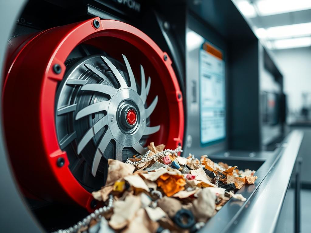 A close-up shot of a high-tech medical waste shredder in action, with sharp blades visible as they process medical waste materials. The background should be a clean and sterile environment, showcasing the importance of hygiene and safety in medical waste management. The focus should be on the shredder's intricate details and the waste being shredded, conveying a sense of efficiency and professionalism. The lighting should be bright and clear, highlighting the red accents of the machine, compatible with rgb(