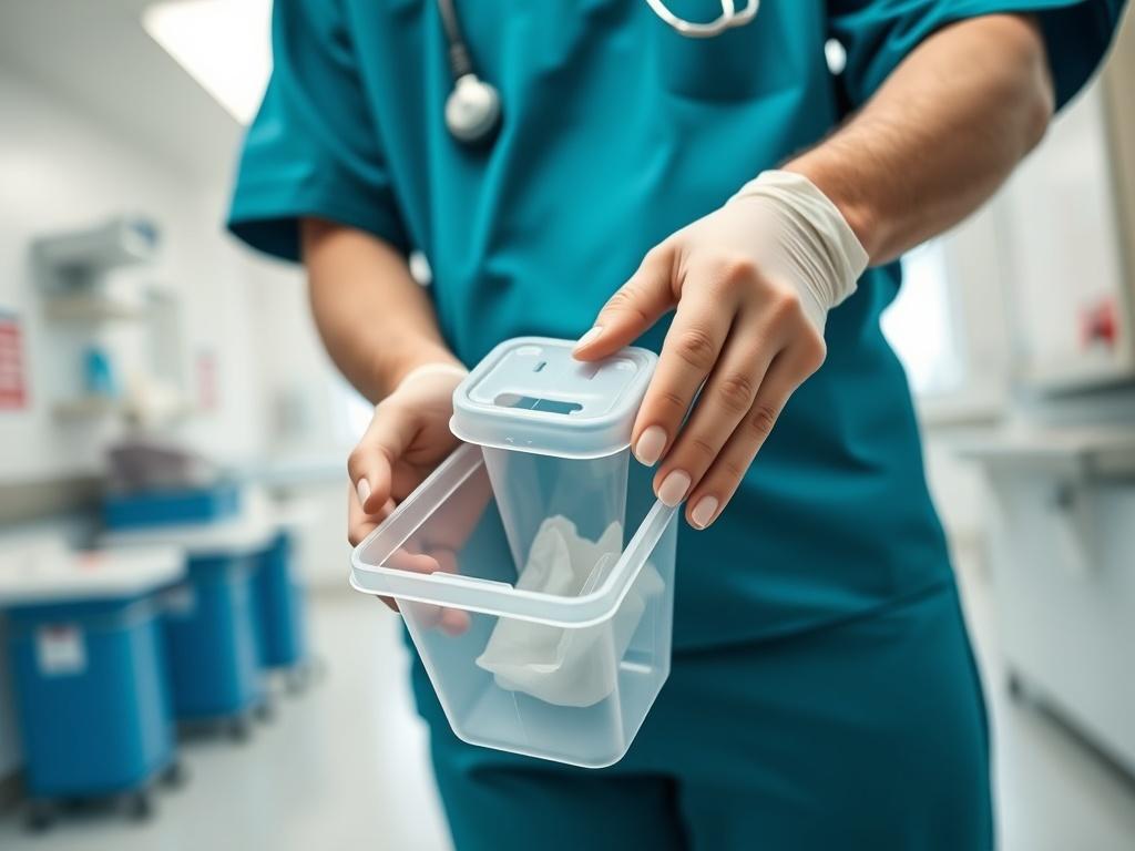A close up shot of a healthcare professional in scrubs
