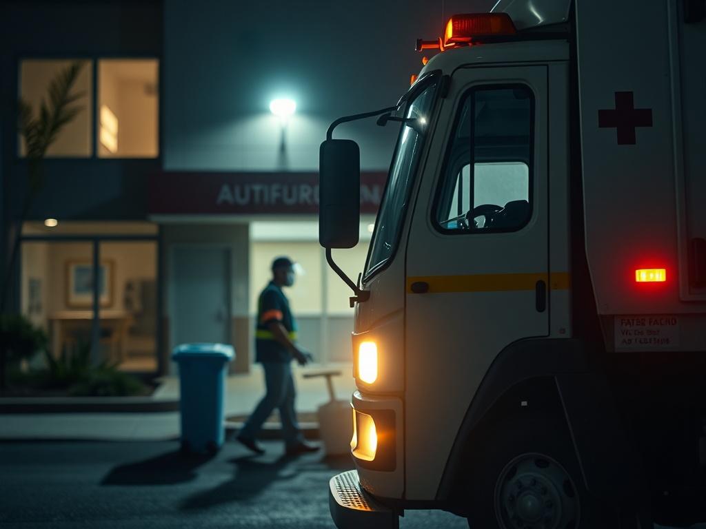A close up shot of a medical waste disposal truck