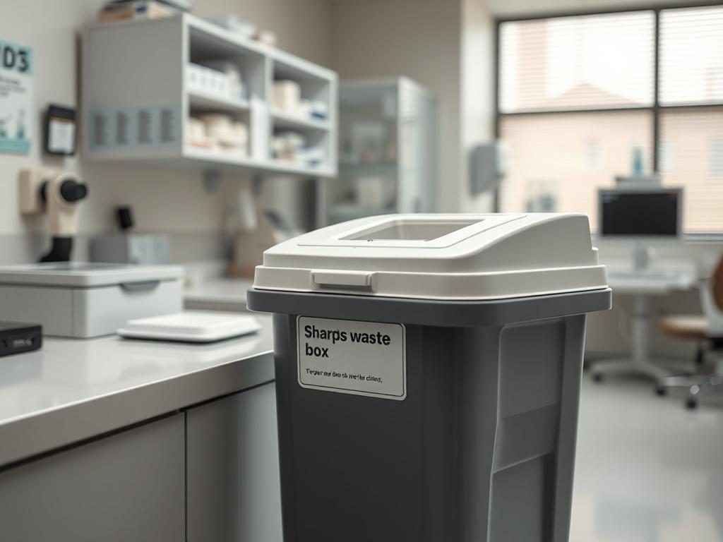 A close up image of a new sharps waste box