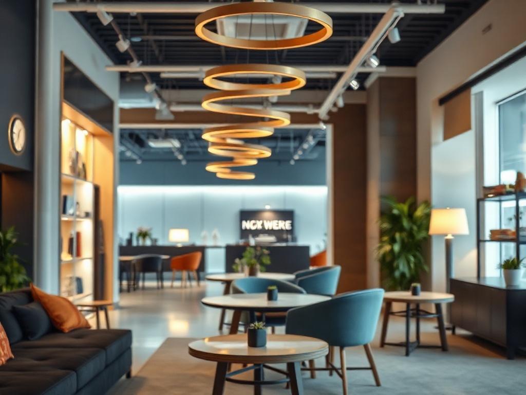 A hyper-realistic close-up shot of a modern retail space showcasing well-designed retail bays, with stylish office renovations in the background. The scene should include elements like elegant lighting fixtures, contemporary furniture, and vibrant decor, creating an inviting atmosphere. The setting should be clean and professional, with a focus on high-quality finishes. Use a shallow depth of field to emphasize the retail space while softly blurring the background, shot with a 45mm f/1.2 lens.