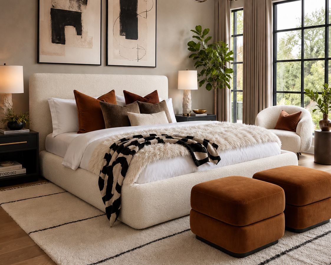 Moore Park bedroom with upholstered bed, warm brown accents, and natural light