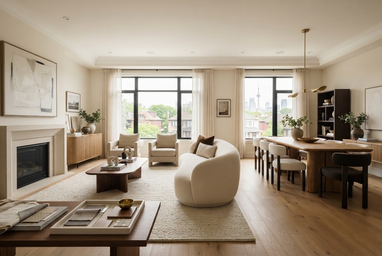 Warm, thoughtfully designed living and dining room representing Angel Design’s full interior design package