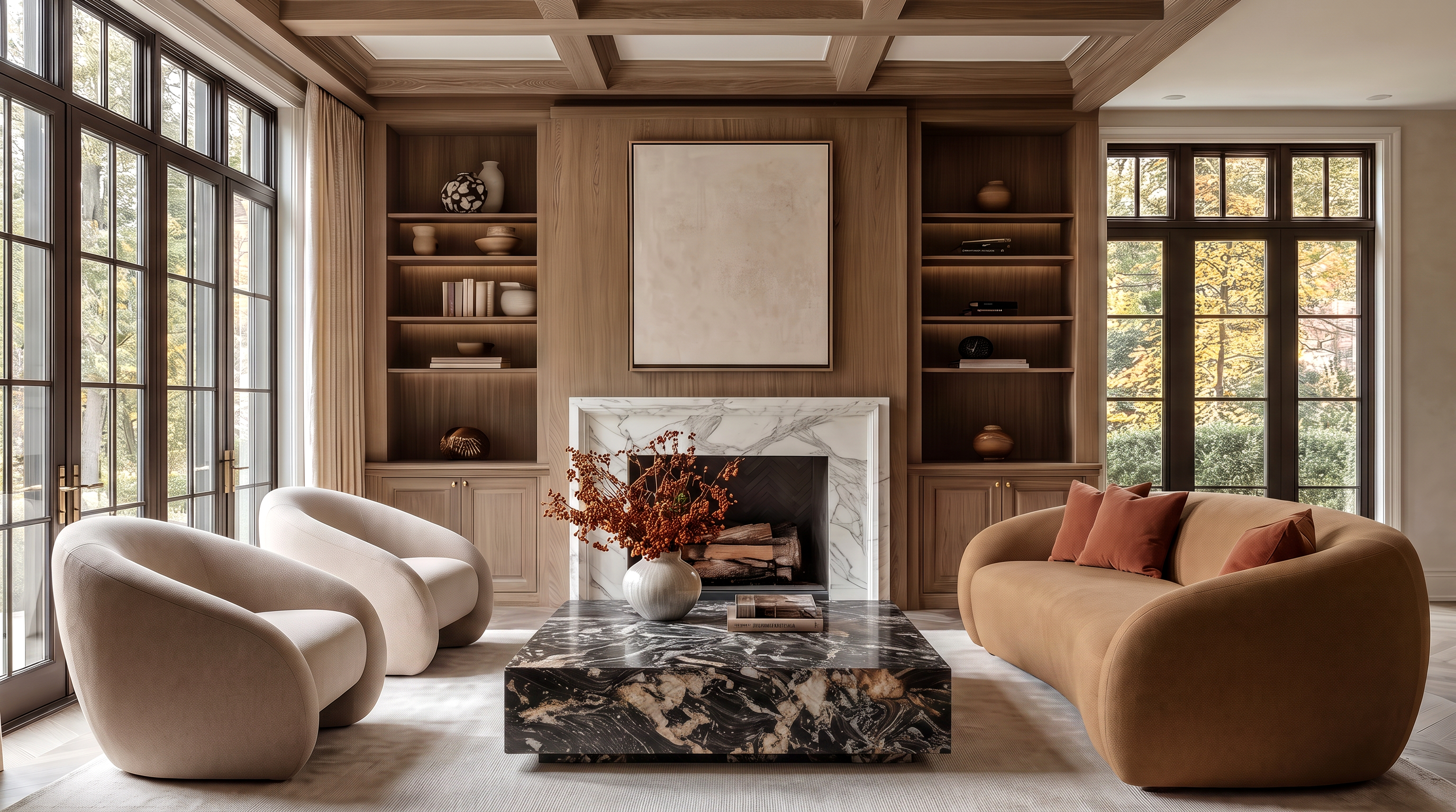 West Hill living room with built-in shelving and fireplace
