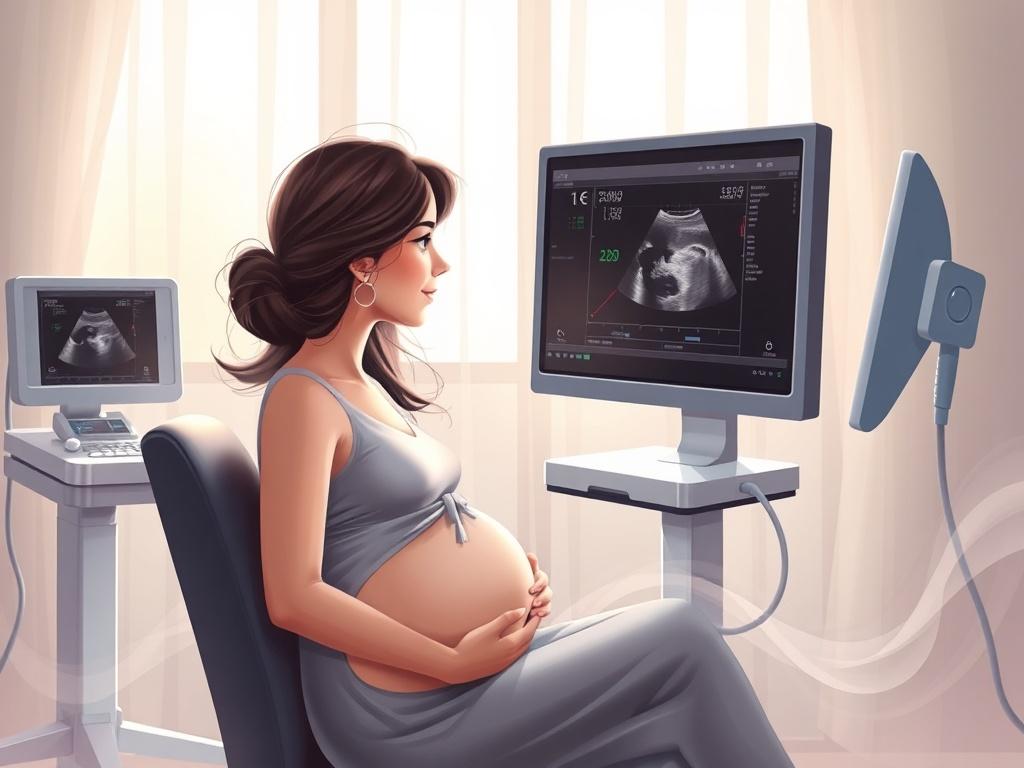 **Prompt for AI Image Generator:**

Create a high-quality illustration that reflects the importance of "Ultrasonido estructural" during pregnancy in Ciudad Victoria. The image should feature a pregnant woman sitting comfortably in a serene and softly lit medical office, observing a detailed ultrasound on a monitor. The viewer should focus solely on her expression of curiosity and relief as she looks at the screen, highlighting the emotional connection between parents and their unborn child. 

The background