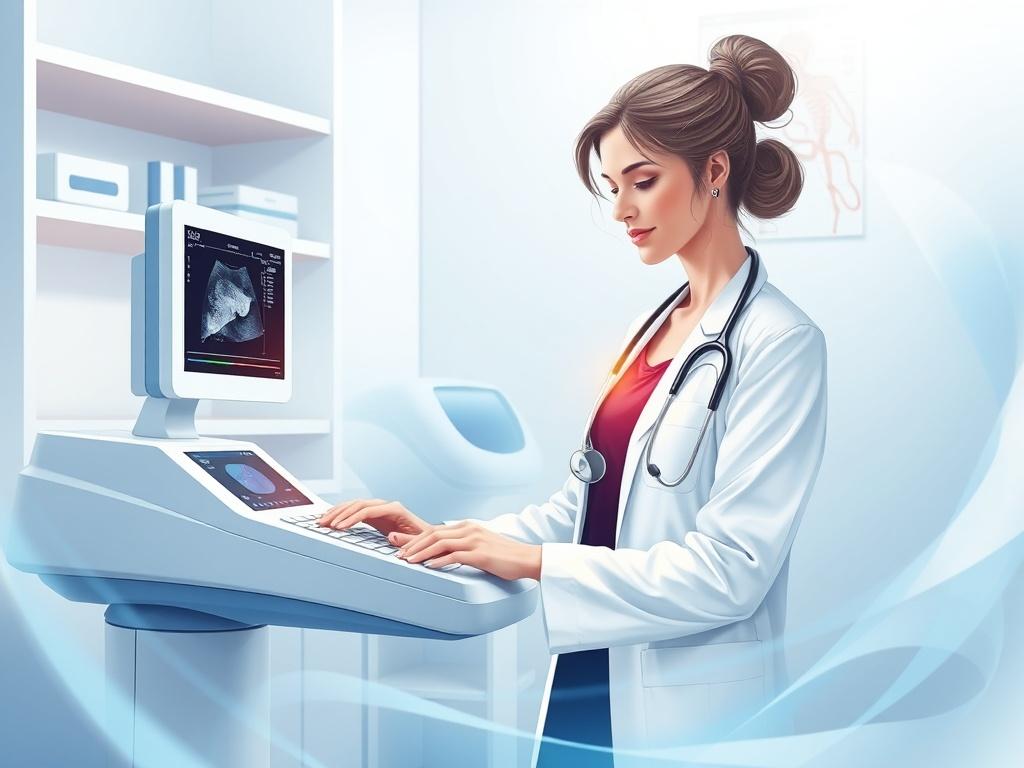 **AI Image Generation Prompt:**

Create a high-quality illustration depicting a healthcare professional conducting a hepatic elastography procedure. The main subject of the image is a female doctor, dressed in a white lab coat with a stethoscope around her neck, focused on using a sophisticated ultrasound machine to perform the elastography. She is engaged in her work, demonstrating professionalism and compassion.

The background should convey a modern medical office setting, with clean lines and a calm atm
