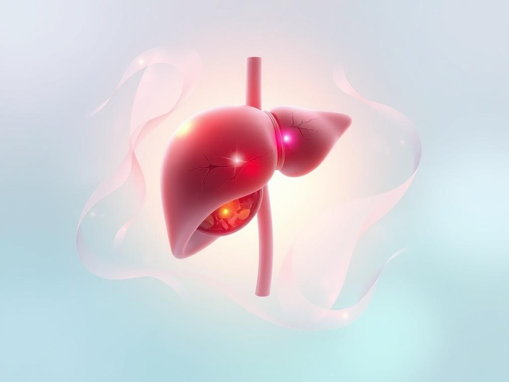 **AI Image Generation Prompt:**

Create a high-quality illustration focusing on the concept of non-invasive measurement of fatty liver (hígado graso) without a biopsy. The subject should be an anatomical model of a liver, depicted in a realistic style, prominently positioned in the center of the composition. This model should demonstrate various visual indicators, such as a soft glow or highlighted areas to signify fatty deposits. 

The background should be a subtle blend of soft colors that evoke a sense o