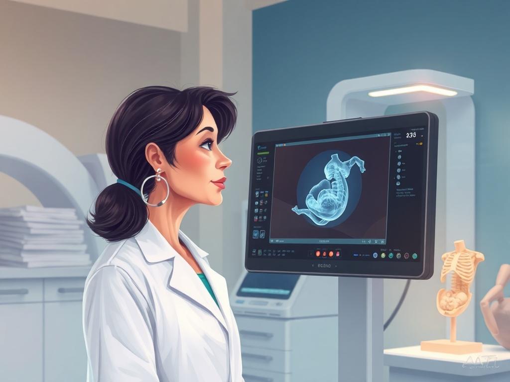 **AI Image Generation Prompt:**

Create a high-quality illustration focused on the theme: "¿Qué hace un radiólogo y por qué es importante en tu salud?" The composition should feature a single radiólogo (radiologist) in a clinical setting. The radiólogo should be a middle-aged Hispanic woman, wearing a white lab coat, and looking attentively at a large ultrasonido monitor displaying an image of a developing fetus. Her expression should convey professionalism and focus, showcasing the importance of her role.
