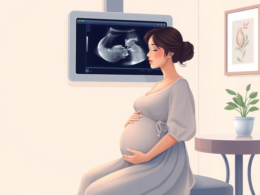 **AI Image Generation Prompt:**

Create a high-quality illustration that conveys the significance of structural ultrasound during pregnancy. The focal point of the image should be a pregnant woman in a calm, serene setting, radiating a sense of tranquility and expectancy. She should be seated comfortably in a modern ultrasound room, the soft glow of the ultrasound machine illuminating her face. The image should capture the moment when she is observing the ultrasound monitor, which subtly shows the outline o