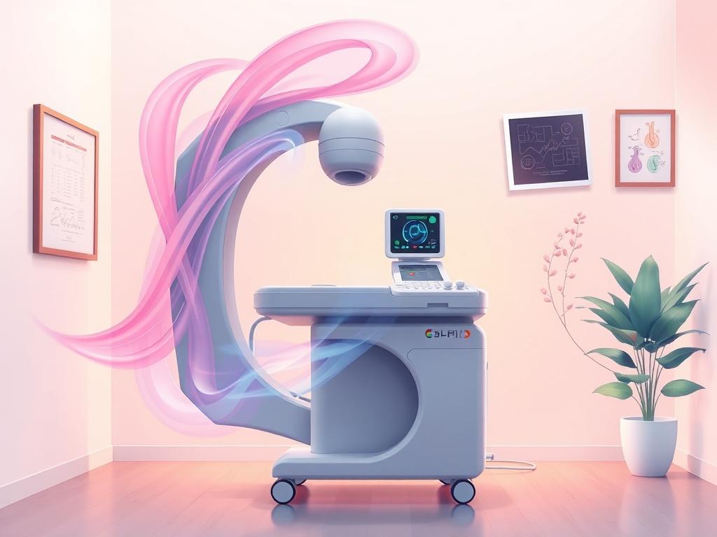 **AI Image Generation Prompt:**

Create a high-quality illustration that visually represents the title “¿Cada cuánto debo hacerme un ultrasonido? Guía práctica para cuidar tu salud.” The image should feature a single subject: a well-equipped ultrasonido machine, prominently displayed in a modern medical examination room. The machine should be sleek and contemporary, emphasizing its advanced technology and usability for health monitoring.

The background should be simple and clear, with soft pastel colors to
