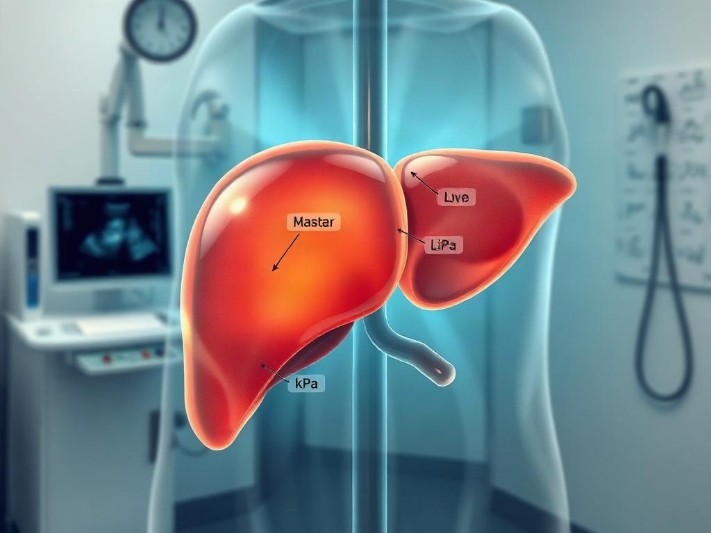 **AI Image Generation Prompt:**

Create a high-quality illustration for a blog titled "¿Qué significa el resultado de una elastografía hepática en kPa?". The primary subject of the image should be a detailed and realistic depiction of a human liver, symbolizing the focus on hepatic health and elastography. The liver should be shown with labels indicating key areas, highlighting its structure and the areas relevant to stiffness measurement.

In the background, convey a serene and professional medical environ