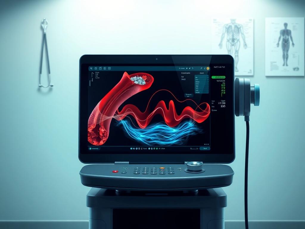 Create a high-quality illustration depicting the essence of a Doppler ultrasound. The focal subject of the image should be a sleek and modern ultrasound machine displaying a colorful screen that vividly illustrates the flowing blood within a human artery, showcasing both the structure of the vessel and the movement of blood in real-time. The screen should include dynamic waves and patterns that represent the Doppler effect in an engaging and informative way.

The background should be a calm and professional