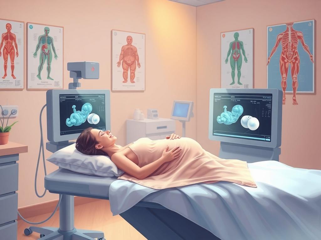 Create a high-quality illustration that vividly depicts the concept of "Ultrasonido estructural en Ciudad Victoria." Focus on a serene, expectant mother lying on an examination table in a cozy, well-lit medical environment, undergoing a structural ultrasound. Ensure that the mother appears calm and hopeful, perhaps gazing at a monitor displaying a clear, detailed image of her developing baby. The background should include elements typical of a medical ultrasound room, such as medical equipment, soft lightin