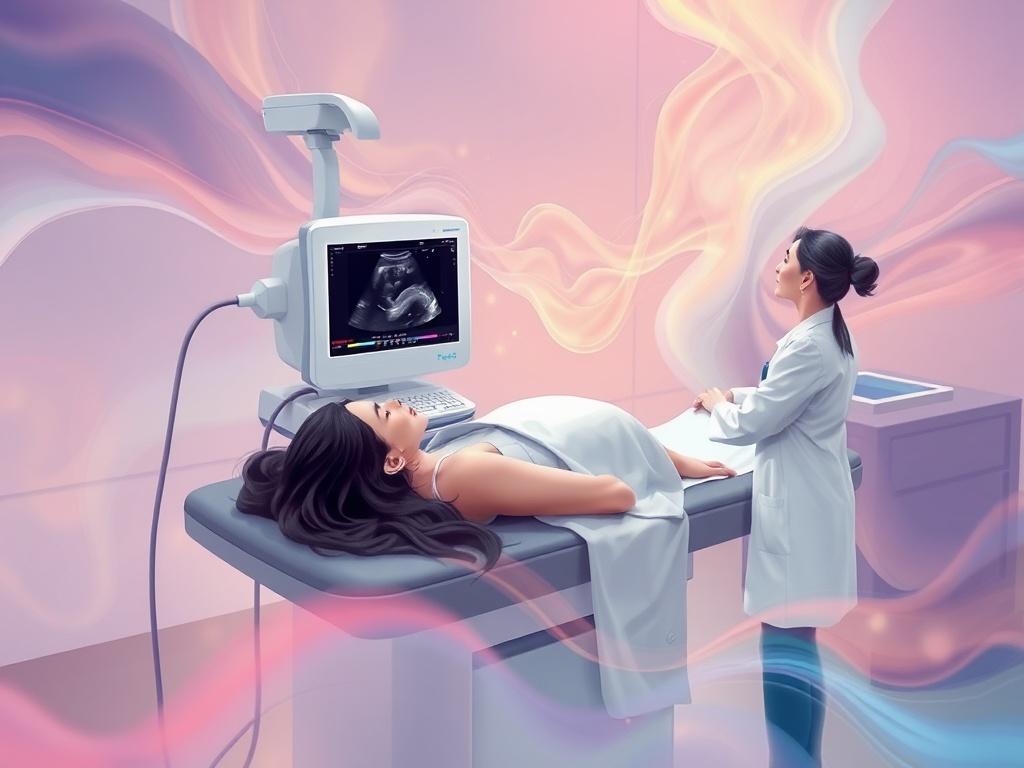 **Prompt for AI Image Generator:**

Create a high-quality illustration that visually represents the concept of “Ultrasonido estructural en Ciudad Victoria: qué es, cuándo se realiza y por qué es tan importante.” 

**Composition**: The image should feature a single subject—a female patient lying comfortably on a medical examination table, receiving an ultrasound. The focus should be on the ultrasound machine, highlighting its modern design and digital screen displaying images of internal structures. The angl