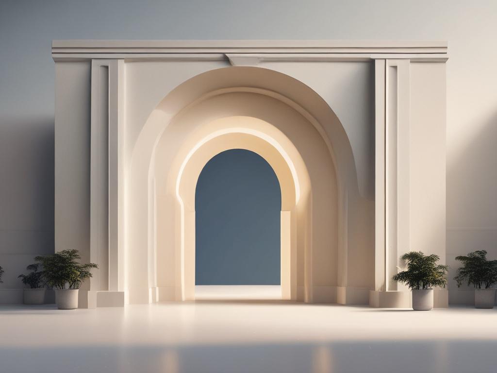 A sleek, modern archway design, featuring clean lines and minimalistic elements. The archway is set against a simple, soft background with subtle gradients of blue and cream gold. The focus is on the archway itself, conveying a sense of transformation and innovation, with a bright and inviting atmosphere.