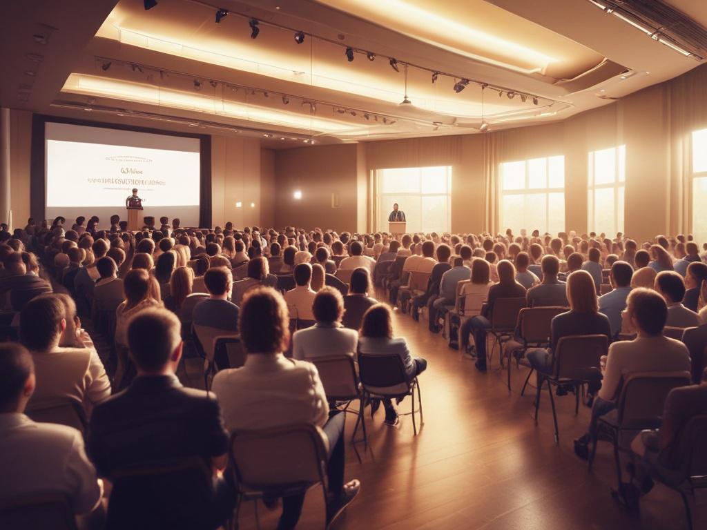 A captivating keynote speaker engaging with an audience, warm lighting,