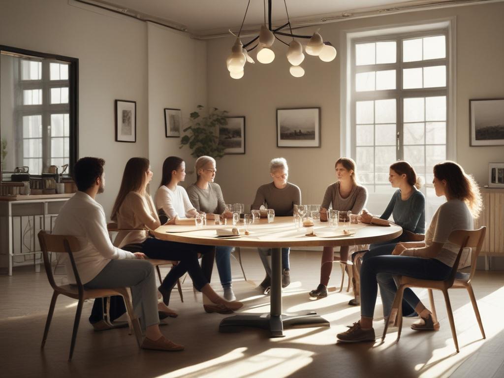 A serene workshop setting with natural light, a diverse group