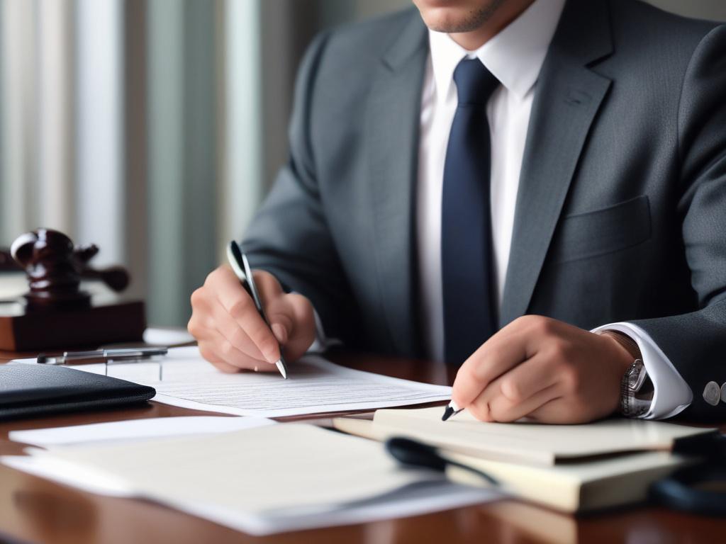 A hyper-realistic close-up photo of a confident lawyer in a sharp suit sitting at a desk reviewing legal documents related to criminal law, shot with a 45mm f/1.2 lens style. The background is a professional office setting with shelves of law books, softly blurred. The predominant color theme includes deep blue (#062767) accents to match a legal consultancy atmosphere.