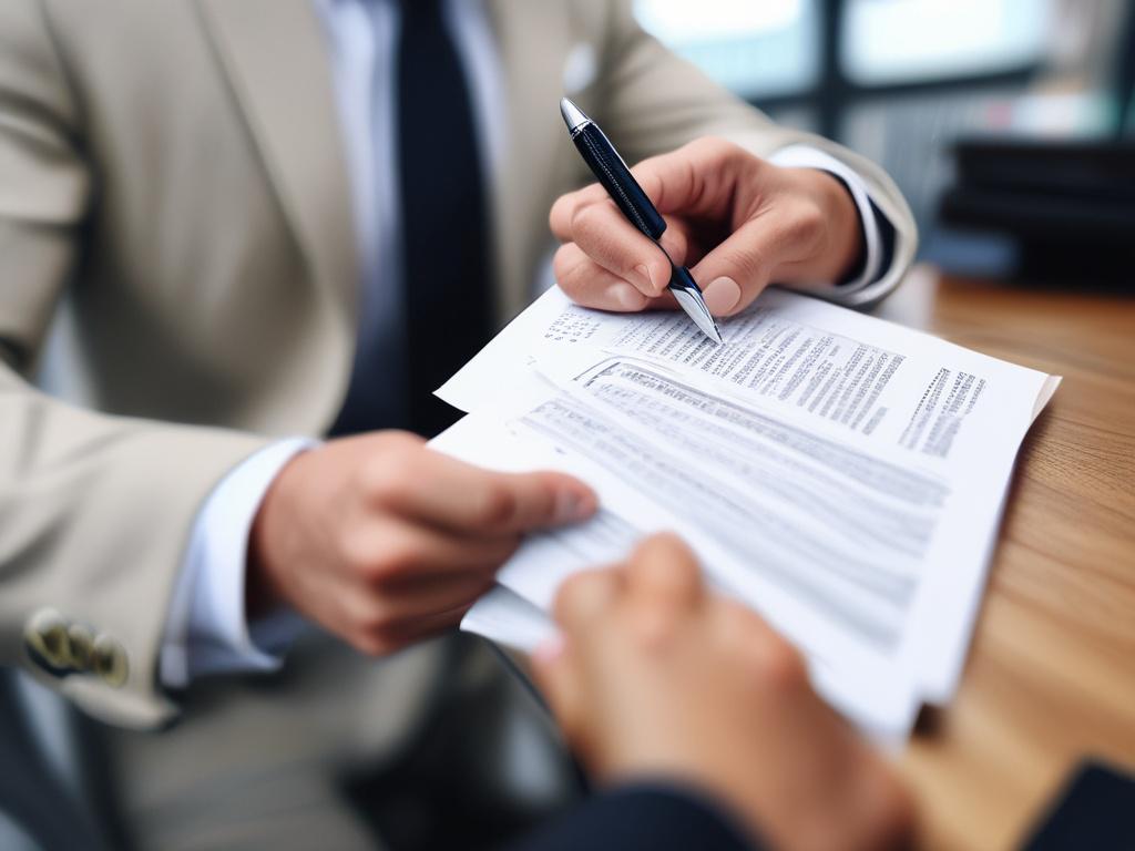 A close-up shot of a confident legal consultant in a professional suit, holding legal documents and a pen, with a blurred office background in the color #062767. The image is hyper-realistic, captured with a 45mm f/1.2 lens style, focusing on the consultant's determined expression and hands, symbolizing trust and expertise.