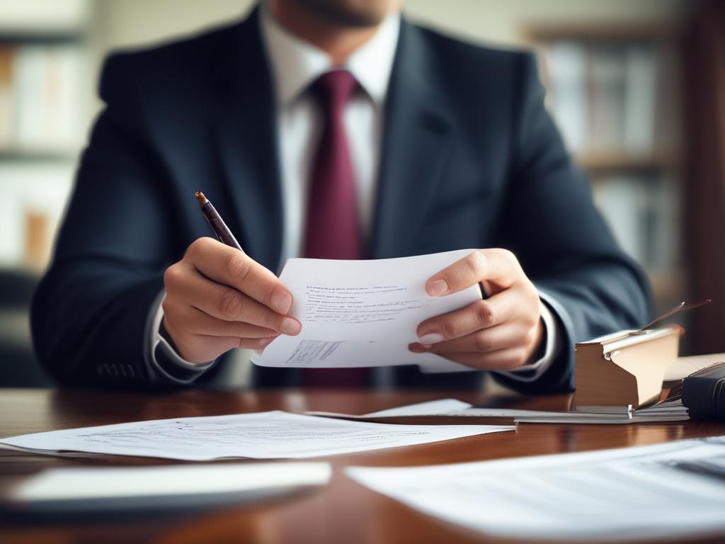 A hyper-realistic close-up photo of a confident legal consultant in a professional office setting, focusing on the consultant's face and hands holding legal documents related to labor law. The background is blurred with subtle hints of a modern office environment. The lighting is soft, emphasizing the consultant's focused expression and the detailed text on the documents. The image color tone complements a deep blue (#062767) theme, shot with a 45mm f/1.2 lens style.