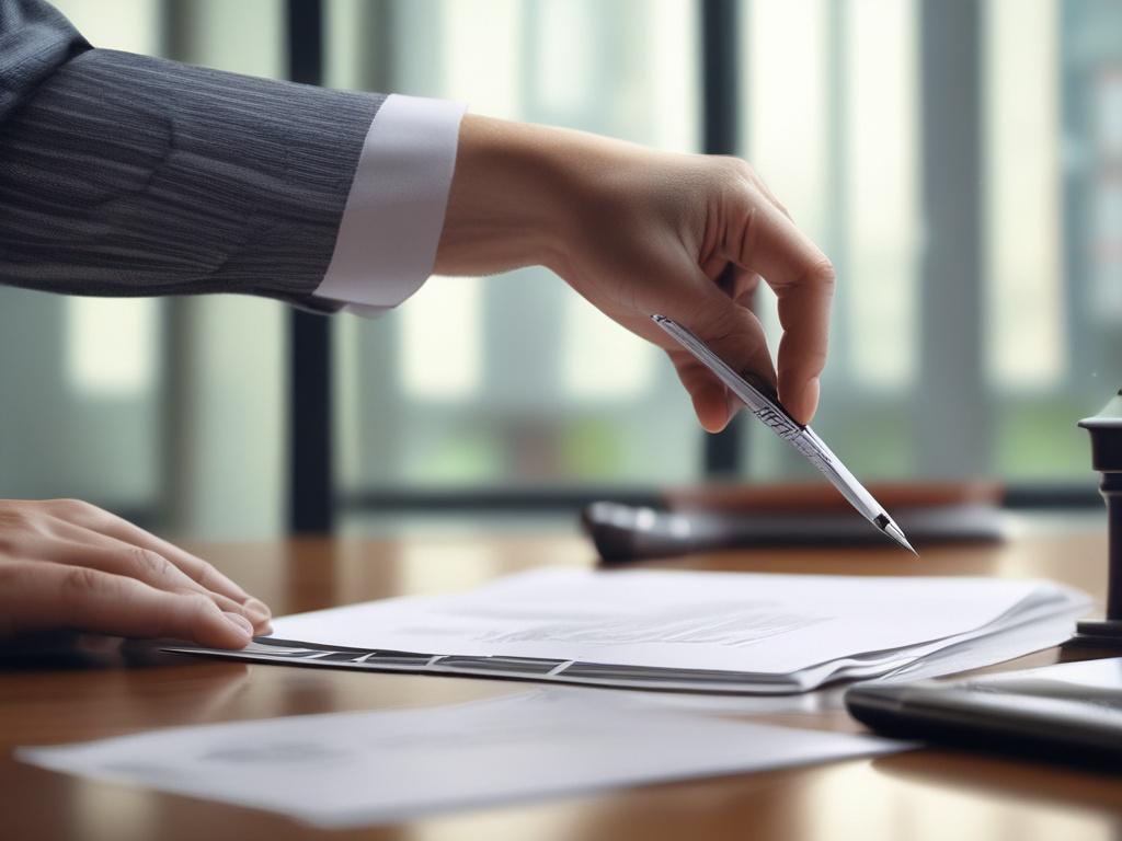 A realistic high-resolution close-up photo of a lawyer's hand reviewing real estate documents on a desk, shot with a 45mm f/1.2 lens style, with a background of a subtle blue (#062767) tint, clear focus on the documents and hand, professional and clean composition.