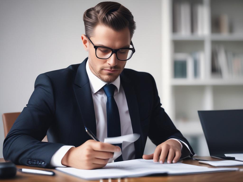 A close-up, hyper-realistic image of a business lawyer examining commercial contracts on a modern desk, captured with a 45mm f/1.2 lens style, with a subtle blue (#062767) background, emphasizing professionalism and clarity.