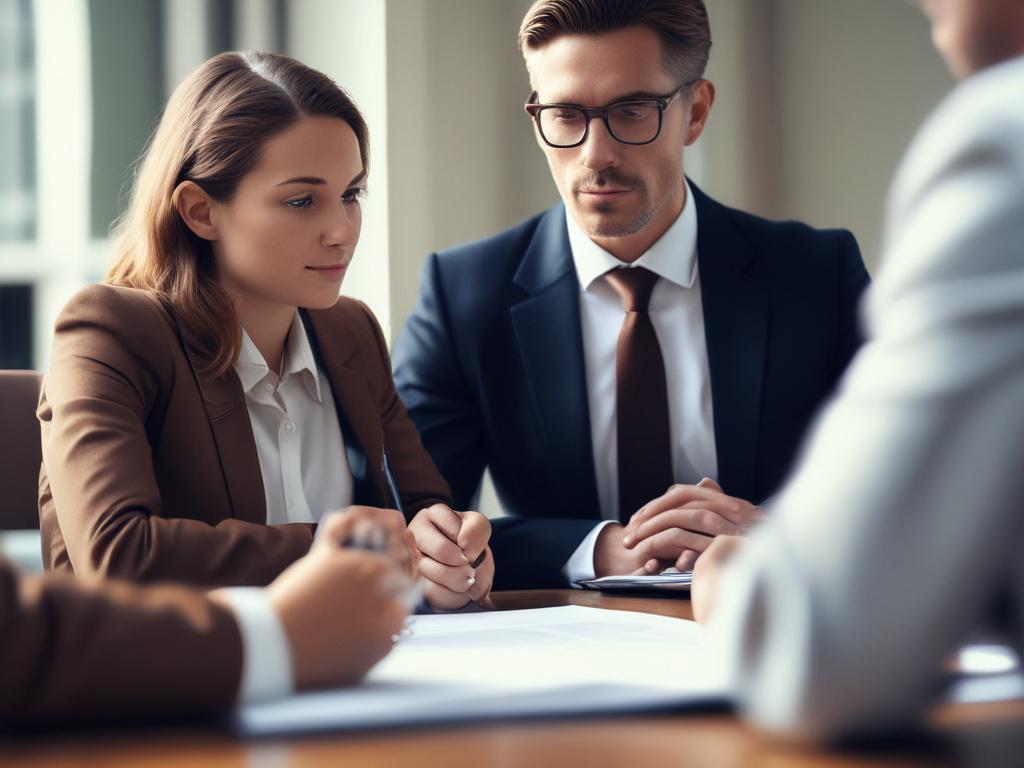 A hyper-realistic close-up photo of a lawyer consulting with a client over family legal documents, shot with a 45mm f/1.2 lens style, with a soft blue (#062767) background, conveying trust and confidentiality.