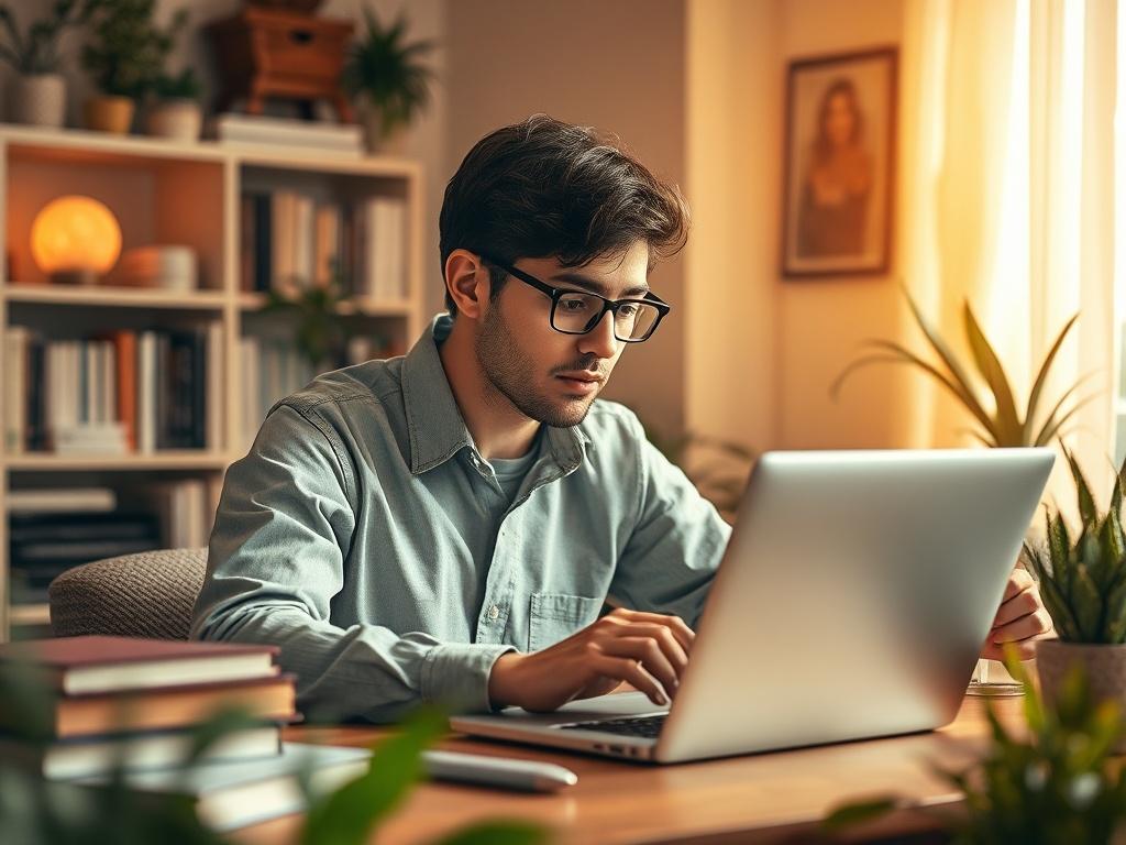 A focused individual in a cozy office setting, analyzing SEO data on a laptop. The background features soft, golden hues and warm lighting, creating a serene atmosphere. The subject is engaged in work, surrounded by books and plants, emphasizing a professional yet inviting workspace.