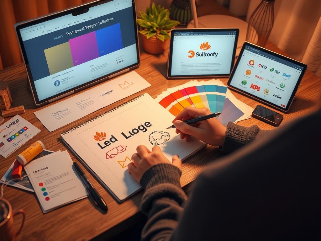 A high-resolution photo showcasing a creative workspace with a logo design process in action. The image features a designer sketching logo concepts on a notepad, surrounded by colorful swatches representing a vibrant color palette. On the desk, typography samples are displayed alongside digital devices showing brand guidelines. The lighting is soft and warm, creating a cozy atmosphere that inspires creativity.