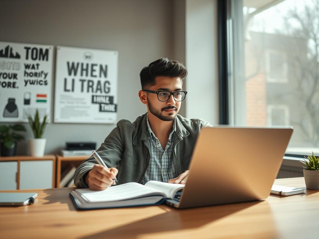 Create a realistic high-resolution photo that embodies the essence of "Empowering Startups Through Effective Branding." Focus on a single subject: a confident young entrepreneur, casually dressed in stylish, professional attire, sitting at a modern desk with a laptop open and branded elements subtly integrated in the scene. The entrepreneur should be engaged, thoughtfully brainstorming or sketching ideas in a notebook, reflecting the process of developing branding strategies. 

In the background, include a 