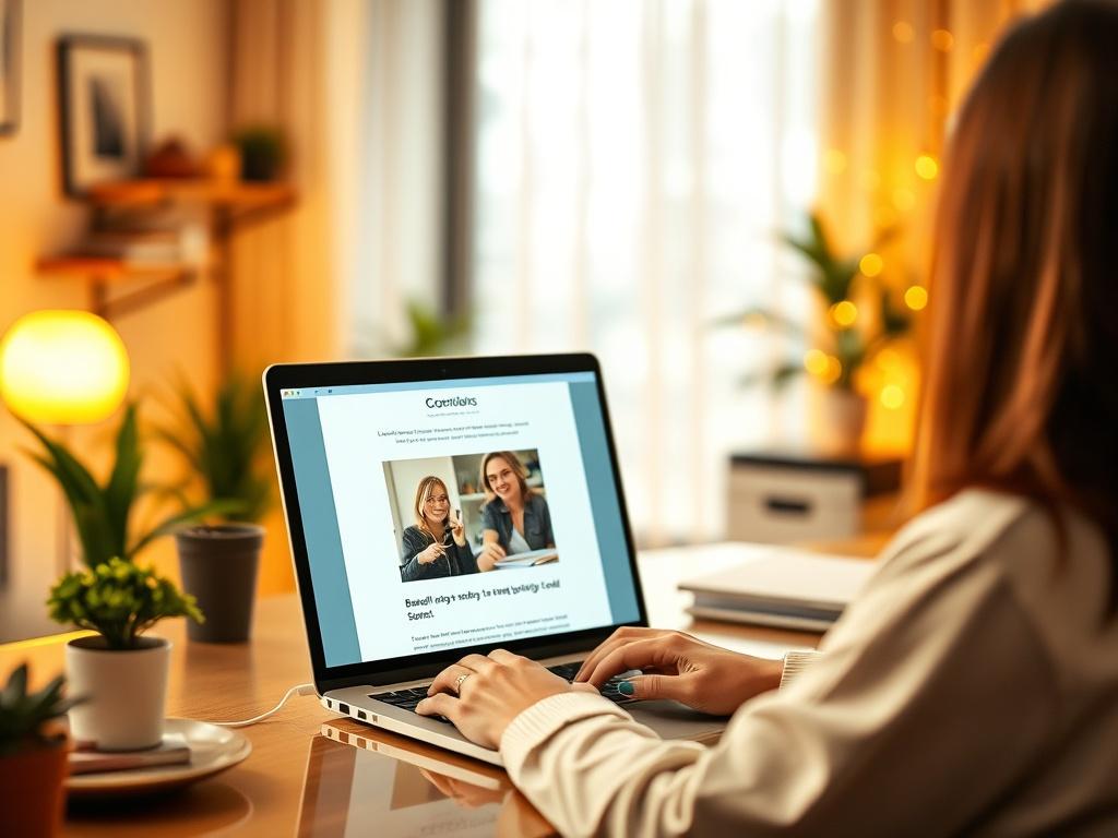 A serene office space with a cozy atmosphere, showcasing a professional working on a laptop. The laptop screen displays a beautifully designed email template, while the workspace is adorned with soft golden lighting and a calming ambiance. The background is blurred to emphasize the subject, creating a warm and inviting scene that reflects the essence of effective email marketing.