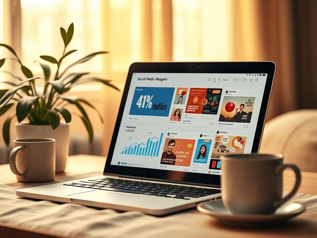 A cozy workspace featuring a laptop with social media management software open, showing vibrant social media graphics and analytics. The background is softly lit with warm golden hues, including a plant and a coffee mug to enhance the serene atmosphere. The focus is on the laptop screen, displaying engaging content metrics and colorful posts, creating an inviting and productive environment.