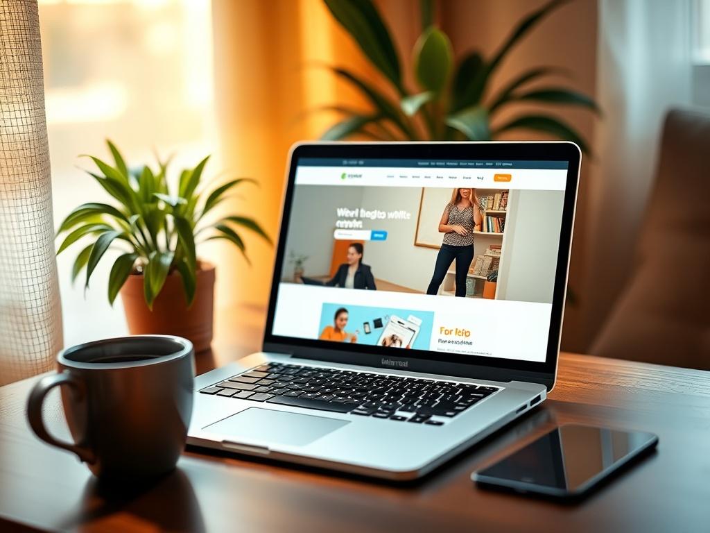 A cozy, serene workspace featuring a sleek laptop open to a beautifully designed website on its screen. The setting has soft golden hues and warm lighting, with a potted plant in the background and a cup of coffee beside the laptop. The atmosphere is inviting, suggesting creativity and focus, with a blurred background to emphasize the laptop as the central subject.