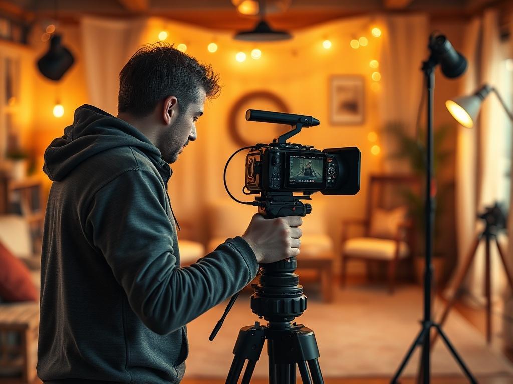A warm and inviting film set featuring a filmmaker capturing a scene with a camera. The background shows soft lighting and a cozy atmosphere, with golden hues illuminating the space. The subject is focused on filming a storytelling scene, with props that reflect creativity and storytelling. The overall composition is simple and clear, highlighting the filmmaker and camera, surrounded by an atmosphere of inspiration.