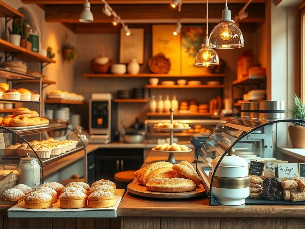 A cozy bakery interior featuring freshly baked goods on display. Soft, golden lighting adds warmth to the scene. The focus is on a beautifully arranged assortment of pastries, breads, and cakes, inviting customers to indulge. The background shows a welcoming atmosphere with rustic wooden accents and soft pastel colors.