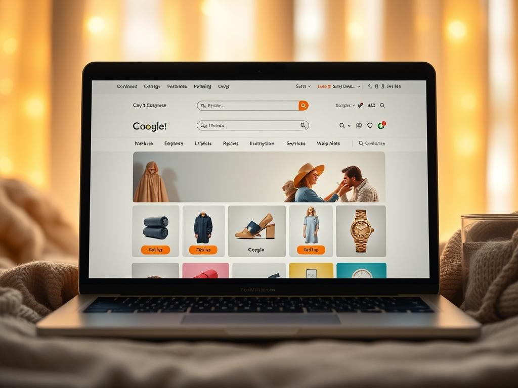 A serene, high-resolution image of a modern e-commerce website displayed on a sleek laptop. The background should be softly lit, with cozy golden hues creating a warm atmosphere. The laptop screen should clearly show a visually appealing online shopping interface, featuring product images and a user-friendly layout, set against a calm and inviting environment.