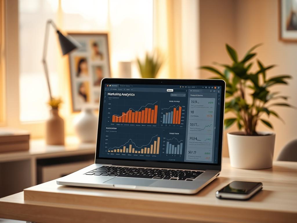A serene office space featuring a sleek laptop displaying marketing analytics on the screen, with soft golden light illuminating the room. The background should be cozy, featuring minimalist decor and a potted plant, creating a calm and productive atmosphere.