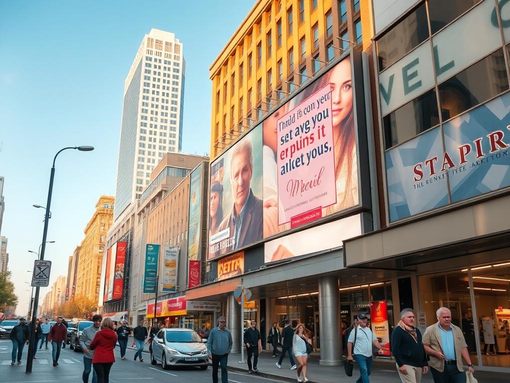 A high-resolution photo of a vibrant billboard in a bustling urban setting, showcasing an eye-catching advertisement. The scene should capture the energy of the city with people walking by, bright lights, and a clear blue sky. The composition should focus on the billboard as the main subject, with natural street elements subtly surrounding it, creating a lively atmosphere.