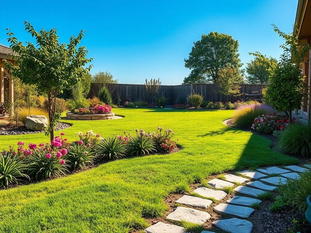 A beautifully landscaped backyard featuring lush green grass, vibrant flower