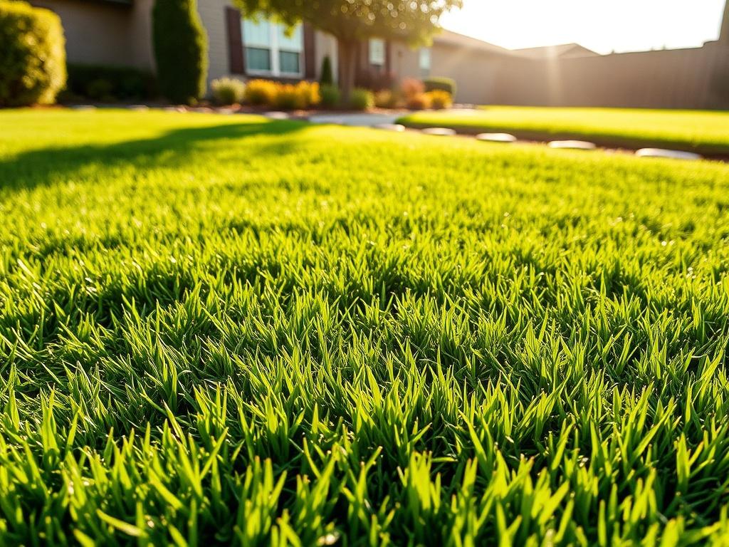 A sunlit suburban yard showcasing a freshly stripped St. Augustine lawn. The composition focuses on the lush, green grass, emphasizing its rich texture and healthy appearance. In the background, there is a clean, manicured edge, with a hint of decorative stones or mulch bordering flower beds. The sky is clear, casting a warm glow on the landscape, creating a vibrant and inviting atmosphere.
